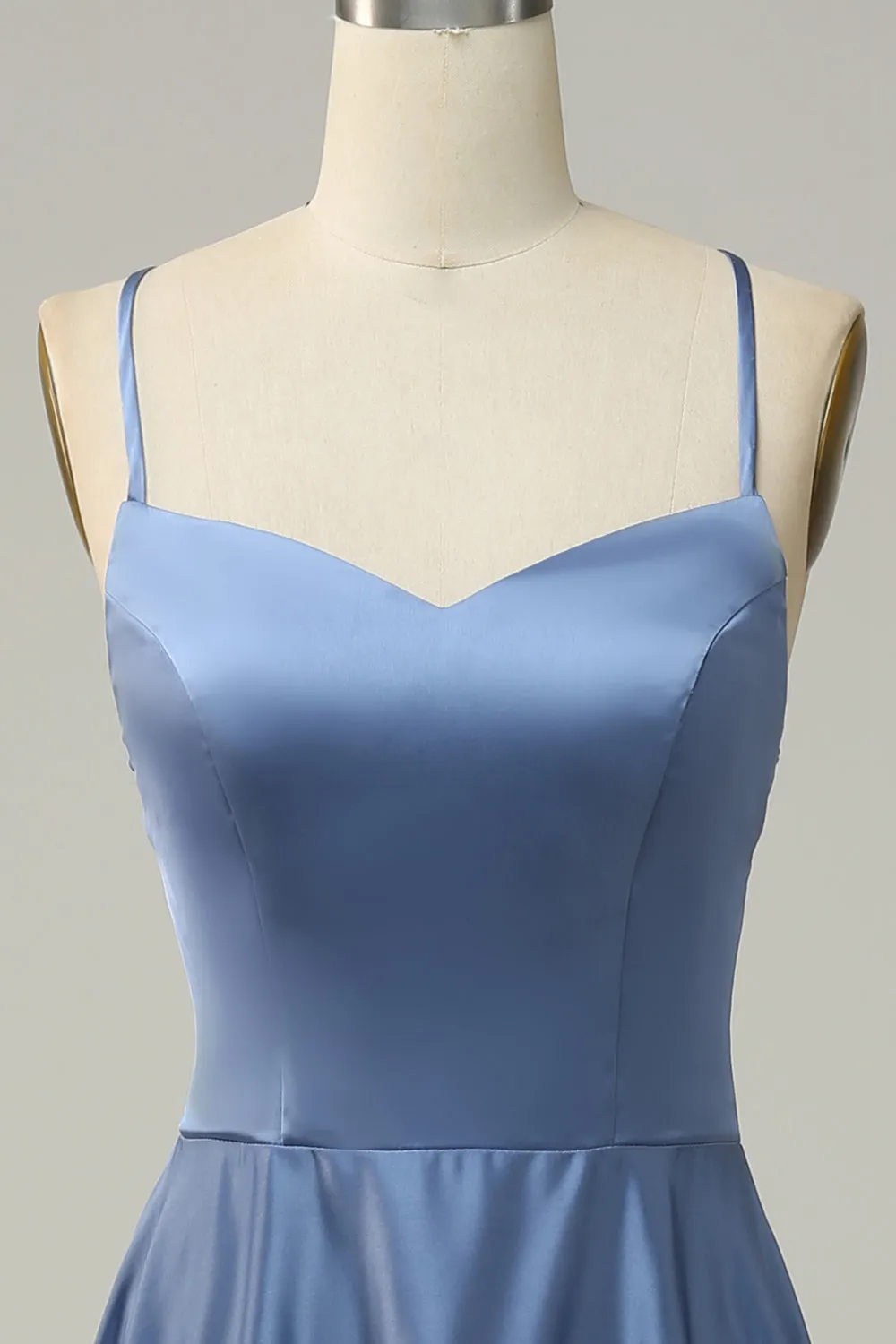 Grey Blue A Line Spaghetti Straps Satin Bridesmaid Dress sold by Wedtrend product image thumbnail 4