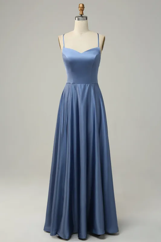 Grey Blue A Line Spaghetti Straps Satin Bridesmaid Dress sold by Wedtrend