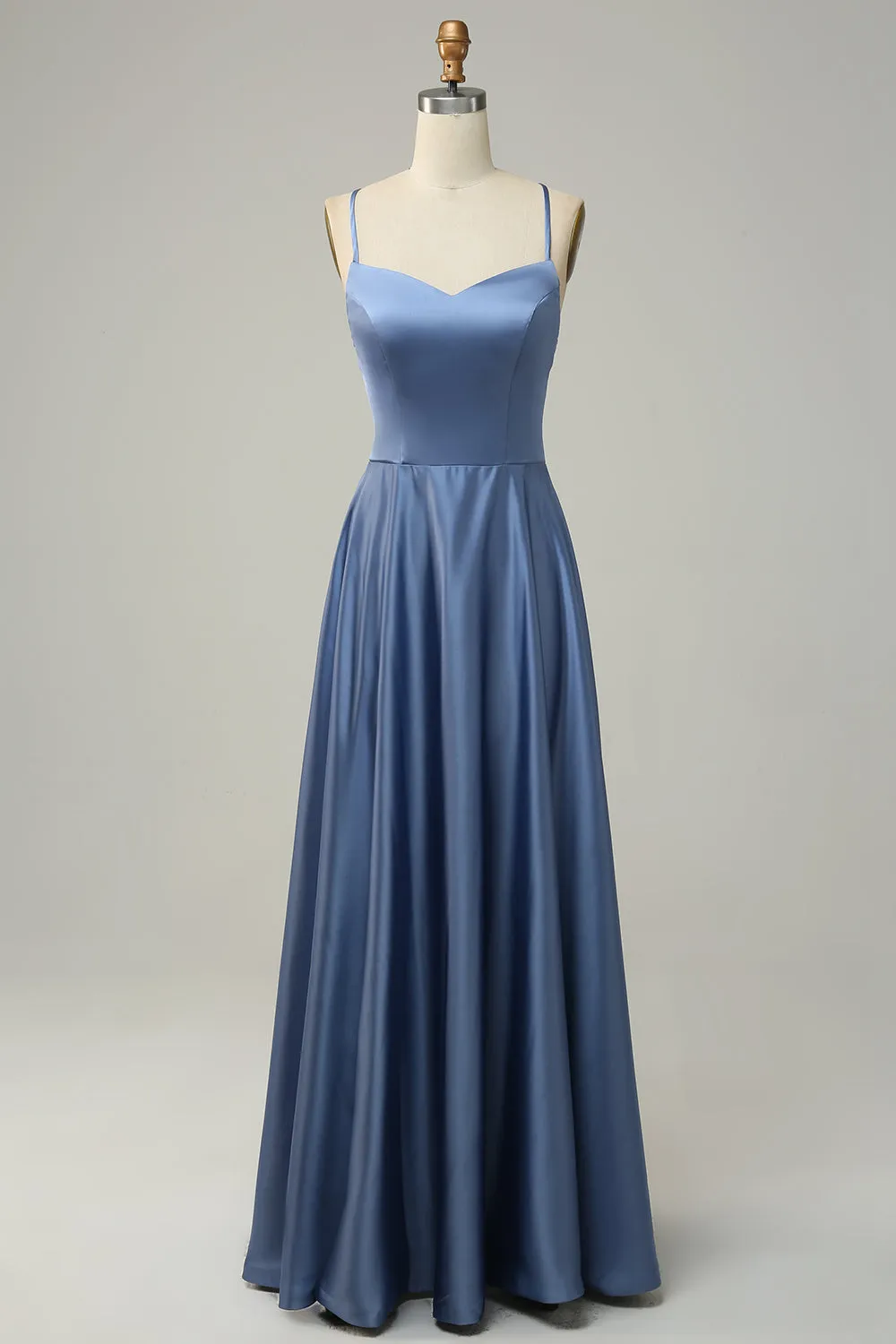 Grey Blue A Line Spaghetti Straps Satin Bridesmaid Dress sold by Wedtrend