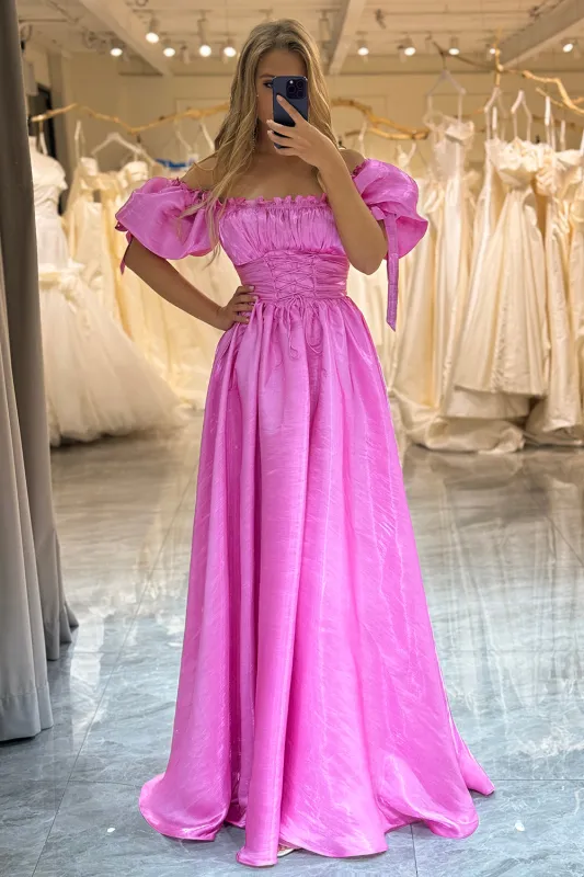 A-Line Off The Shoulder Fuchsia Lace-Up Prom Dress With Puff Sleeves sold by Wedtrend