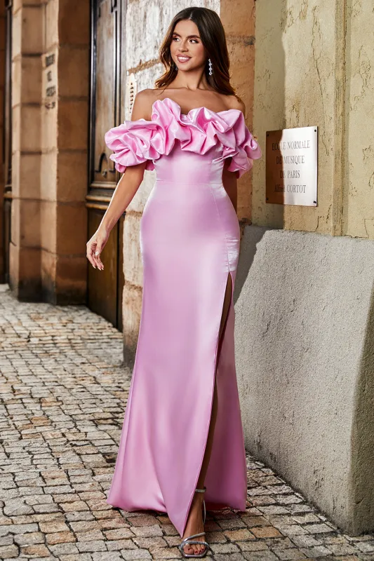 Sparkly Pink Mermaid Off Shoulder Meringue Ruffle Prom Dress With Slit sold by Wedtrend