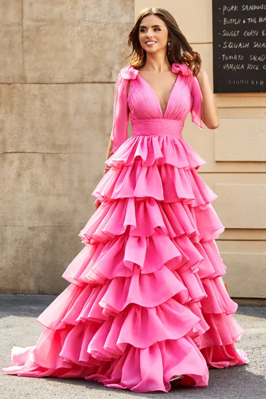 Fuchsia A-Line Deep V Neck Tiered Long Prom Dress With Slit sold by Wedtrend