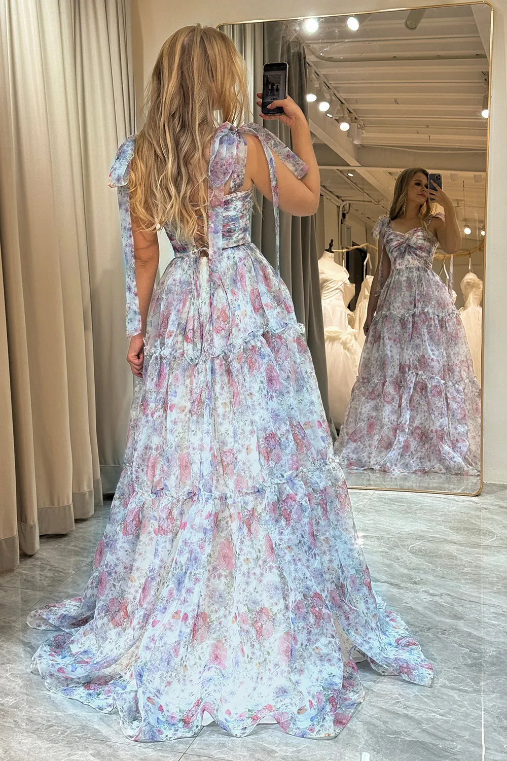 A-Line Spaghetti Straps Ruched Floral Print Long Prom Dress sold by Wedtrend product image thumbnail 2