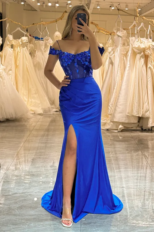 Royal Blue Mermaid Off The Shoulder Sparkly Sequins Prom Dress With Slit sold by Wedtrend