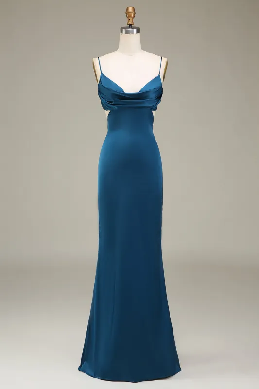 Sheath Peacock Spaghetti Straps Long Satin Bridesmaid Dress sold by Wedtrend