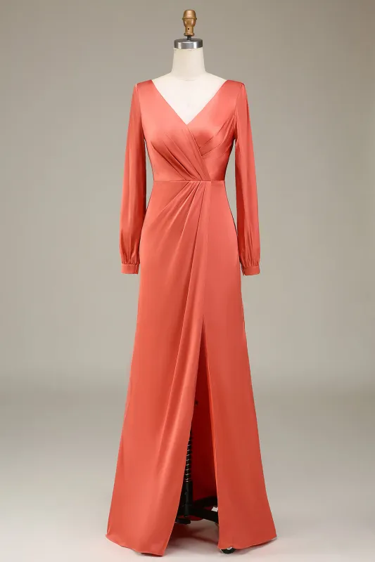 Terracotta A Line V-Neck Satin Bridesmaid Dress With Slit sold by Wedtrend