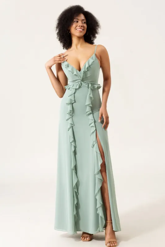Matcha A-Line Spaghetti Straps Chiffon Bridesmaid Dress With Ruffles sold by Wedtrend