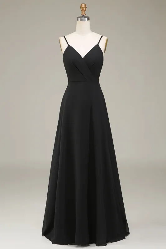 Black A-Line Spaghetti Straps Chiffon Long Bridesmaid Dress sold by Wedtrend