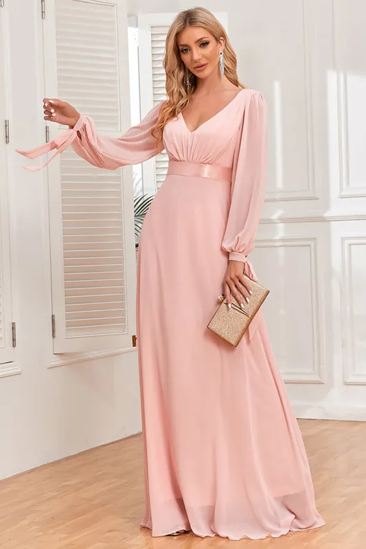 Blush A-Line Chiffon V-Neck Evening Dress with Long Sleeves sold by Wedtrend