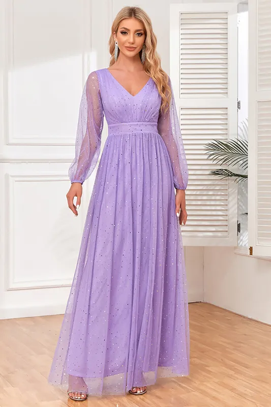 Lilac A-Line Long Sleeves Long Formal Dress with Slit sold by Wedtrend