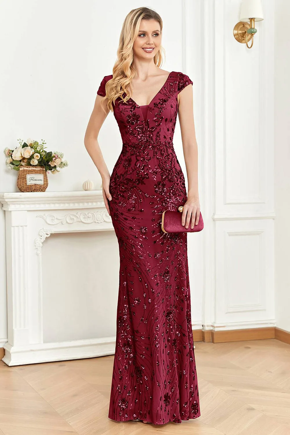 Sparkly Golden Sheath V-Neck Long Formal Dress with Beading sold by Wedtrend product image thumbnail 5