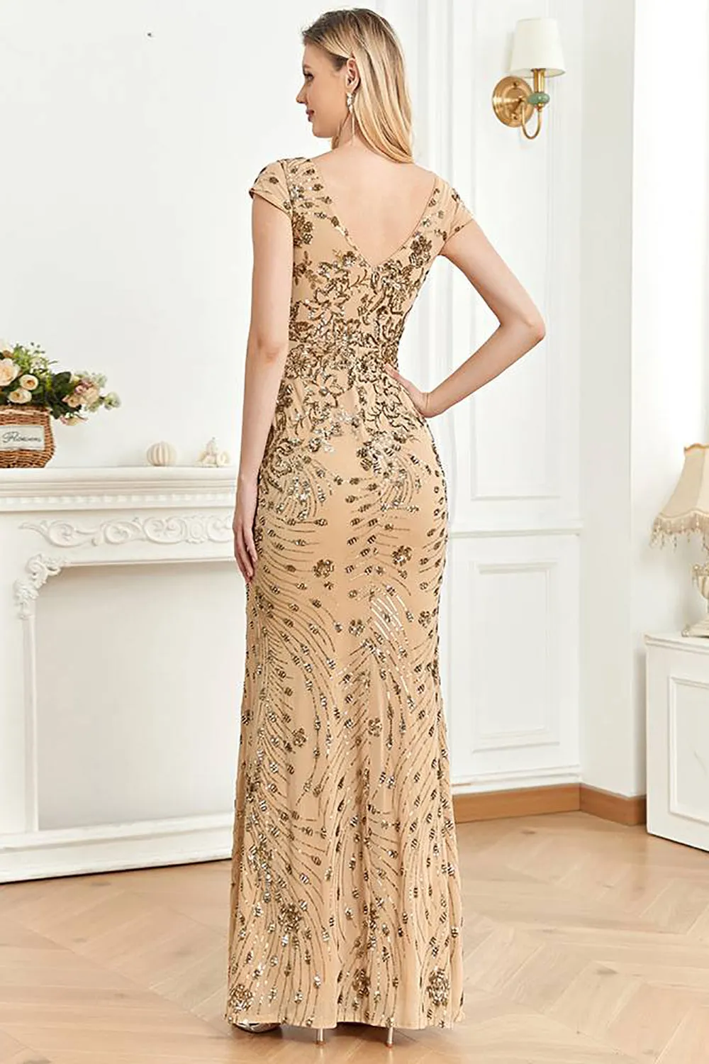 Sparkly Golden Sheath V-Neck Long Formal Dress with Beading sold by Wedtrend product image thumbnail 2