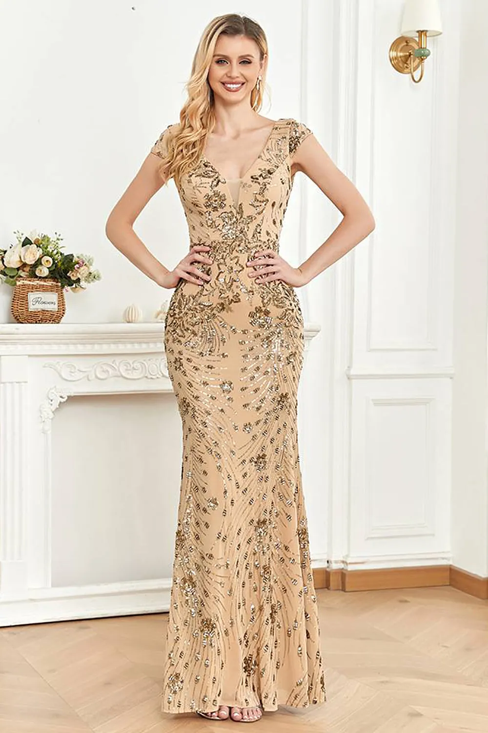 Sparkly Golden Sheath V-Neck Long Formal Dress with Beading sold by Wedtrend product image thumbnail 3