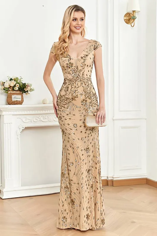 Sparkly Golden Sheath V-Neck Long Formal Dress with Beading made by Wedtrend