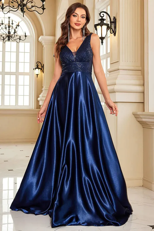 Sparkly Navy A-Line V-Neck Sequins Satin Formal Dress with Pockets sold by Wedtrend