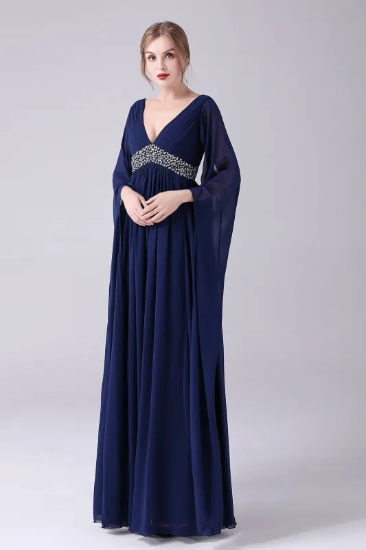 Navy A-Line V-Neck Chiffon Pleated Long Mother Of the Bride Dress Long Sleeves sold by Wedtrend