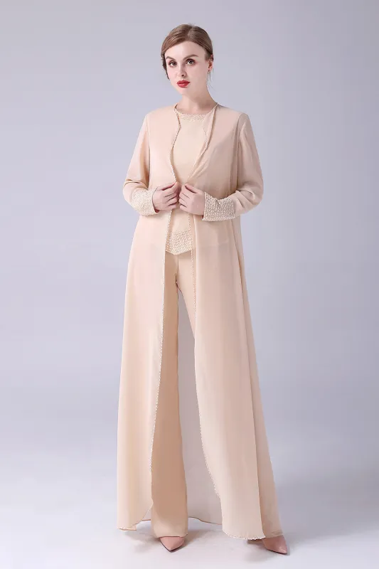 Champagne Long Coat 3 Pieces Mother of the Bride Pant Suits sold by Wedtrend