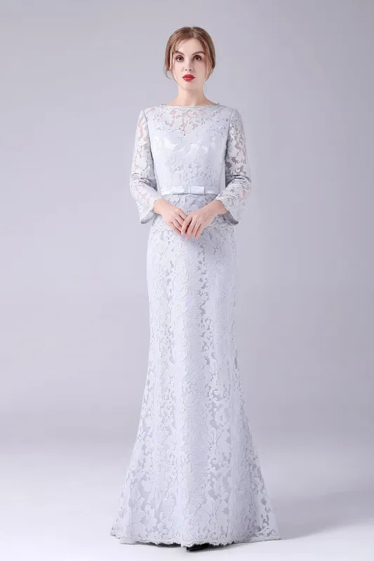 Silver Lace Sheath Long Sleeves Floor Length Mother of the Bride Dress sold by Wedtrend