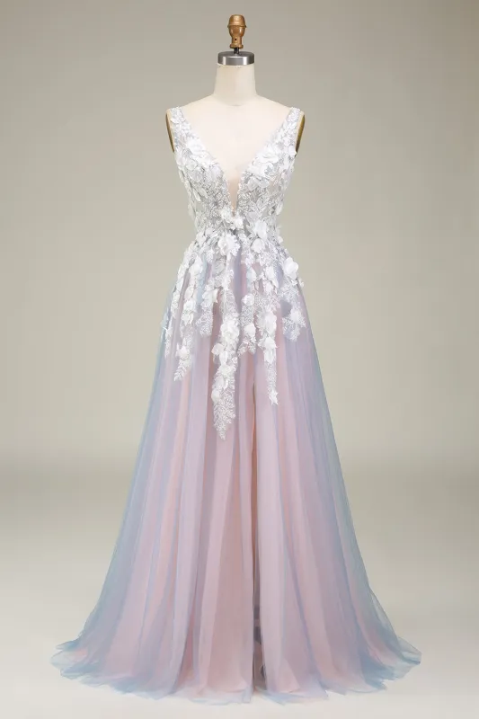Gorgeous Grey Pink A Line Deep V Neck Long Prom Dress with Appliques sold by Wedtrend