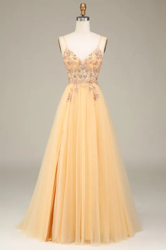 Charming Golden A Line Spaghetti Straps Long Prom Dress with Beading sold by Wedtrend