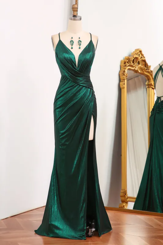 Mermaid Spaghetti Straps Long Dark Green Prom Dress with Open Back sold by Wedtrend