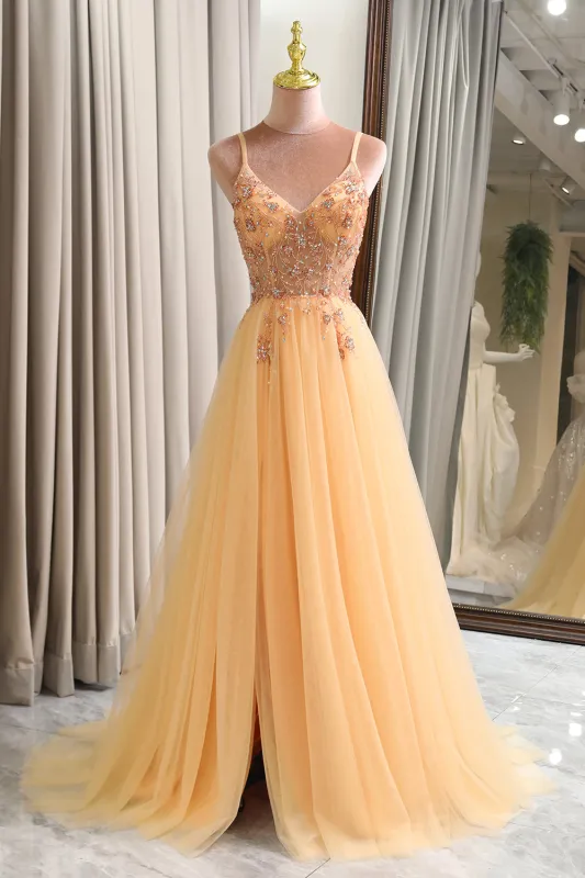 Charming A Line Spaghetti Straps Golden Long Prom Dress with Beading made by Wedtrend