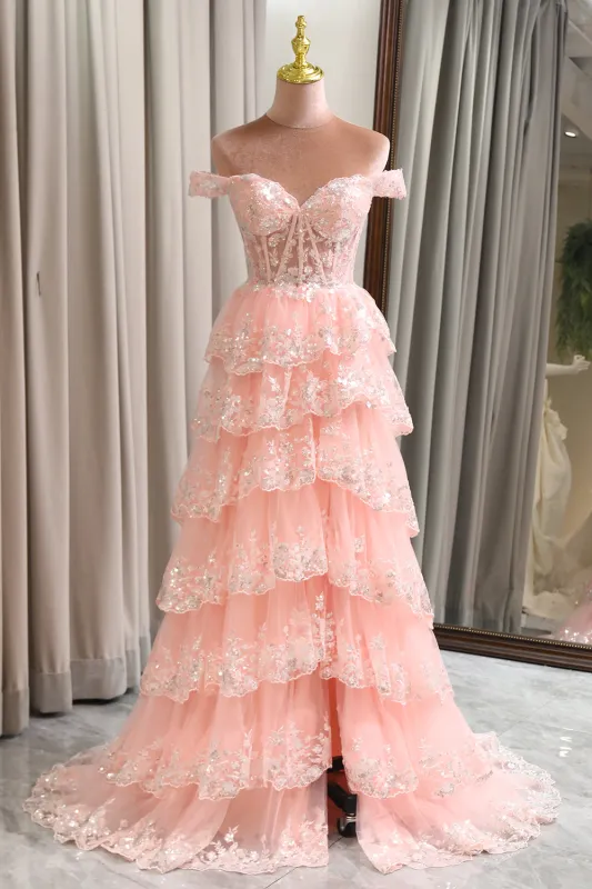 Princess A Line Off the Shoulder Long Corset Sparkly Blush Prom Dress with Slit made by Wedtrend