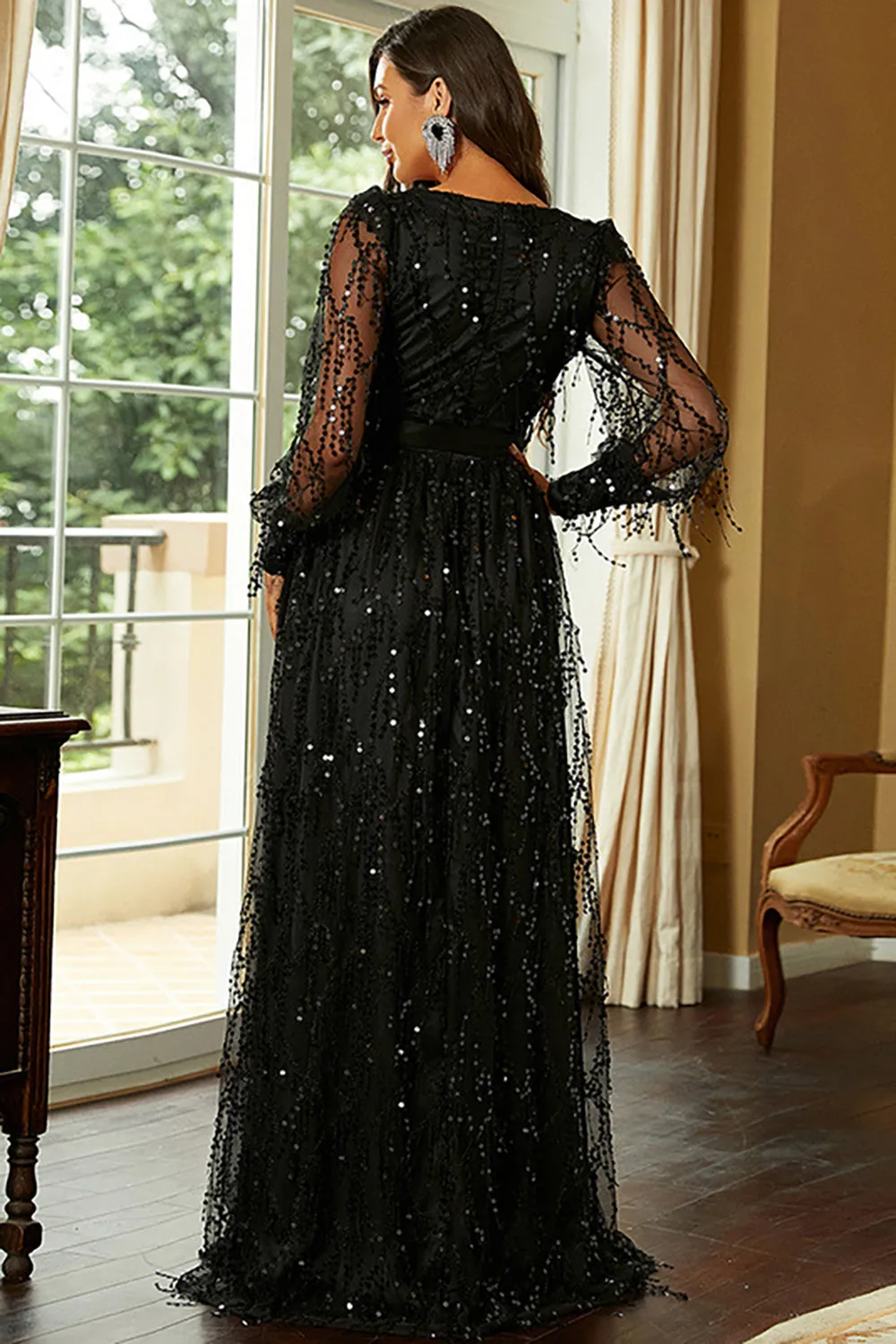 Sparkly Black A-Line V-Neck Prom Dress With Slit sold by Wedtrend product image thumbnail 2