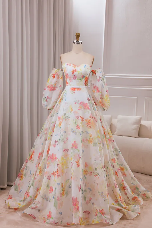 Ball-Gown/Princess Ivory Flower Sweep Train Wedding Dress with Half Sleeves made by Wedtrend