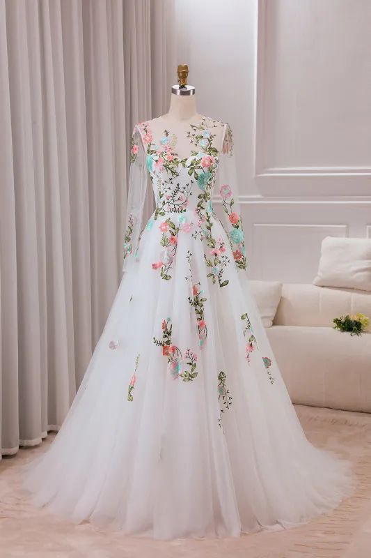 Ivory Flower A-Line Round Neck Tulle Wedding Dress with Long Sleeves made by Wedtrend