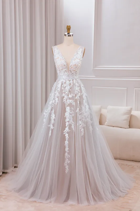 A Line V-Neck Sweep Train Ivory Wedding Dress With Lace made by Wedtrend