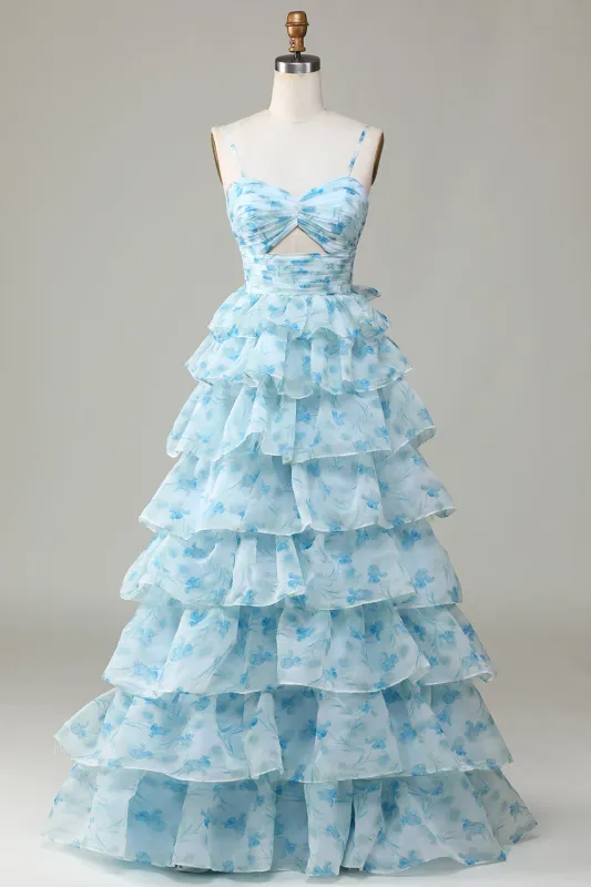 Blue Flower Princess Spaghetti Straps Cut Out Tiered Floor Length Dress made by Wedtrend