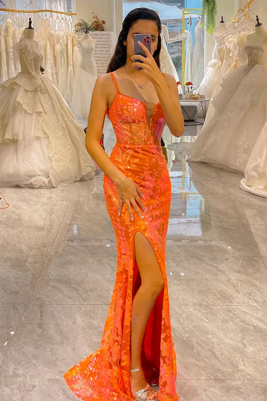 Glitter Orange Mermaid  Corset Long Corset Prom Dress With Slit made by Wedtrend