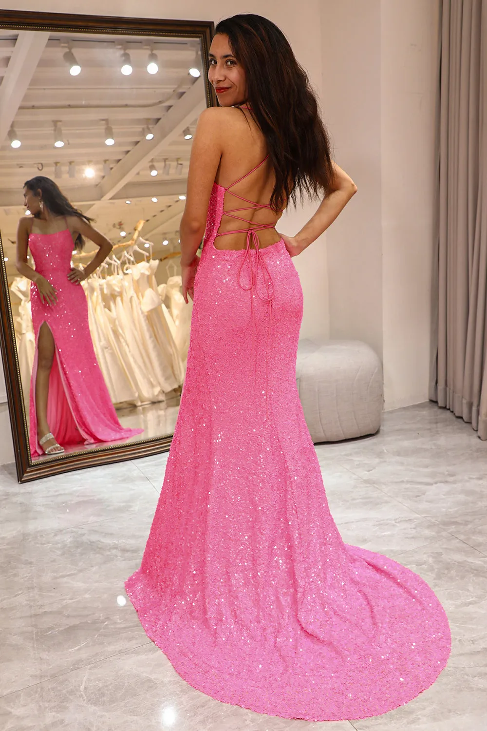 Glitter Pink Mermaid Sequins Long Prom Dress With Slit sold by Wedtrend product image thumbnail 2