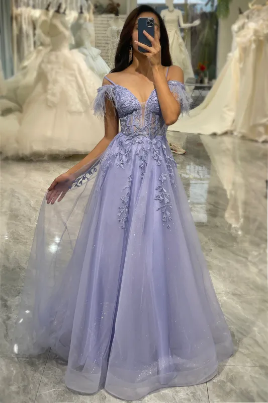 Sparkly Lilac A Line Tulle Long Corset Prom Dress With Appliques sold by Wedtrend