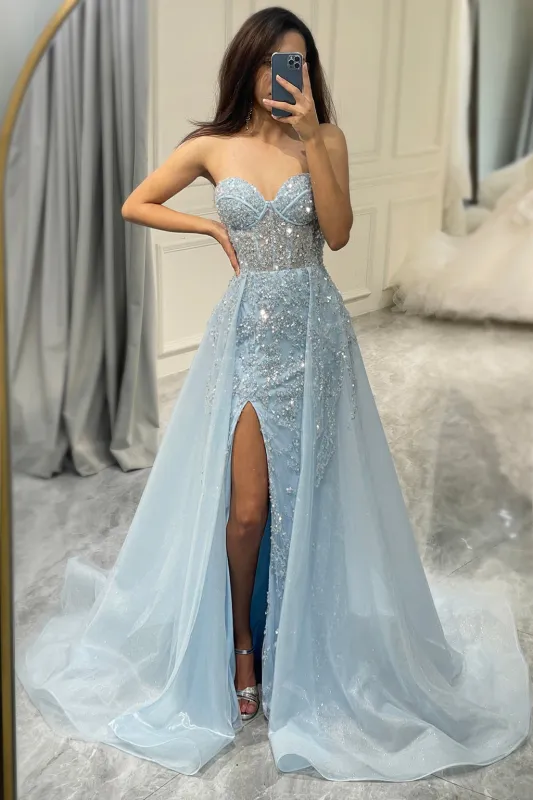 Glitter Light Blue Long Corset Beaded Prom Dress With Slit sold by Wedtrend