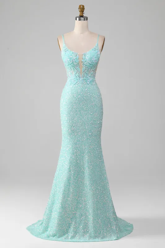 Mermaid Light Green Sparkly Sequins Long Prom Dress With Appliques made by Wedtrend