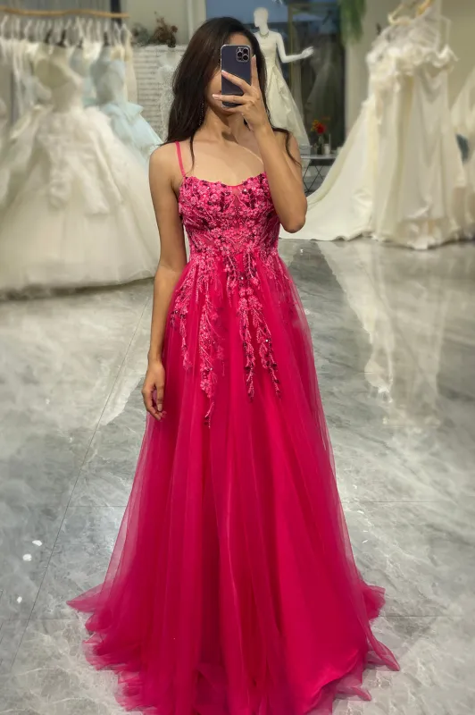 A Line Fuchsia Spaghetti Straps Tulle Long Prom Dress With  Appliques made by Wedtrend