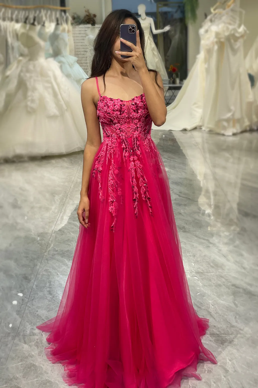 A Line Fuchsia Spaghetti Straps Tulle Long Prom Dress With Appliques sold by Wedtrend