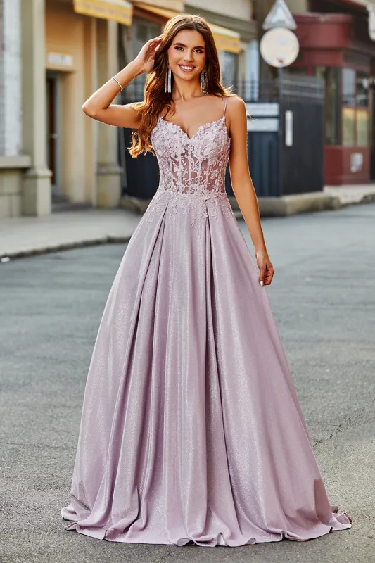 Sparkly Blush A-Line Long Applique Corset Long Prom Dress With Pocket sold by Wedtrend