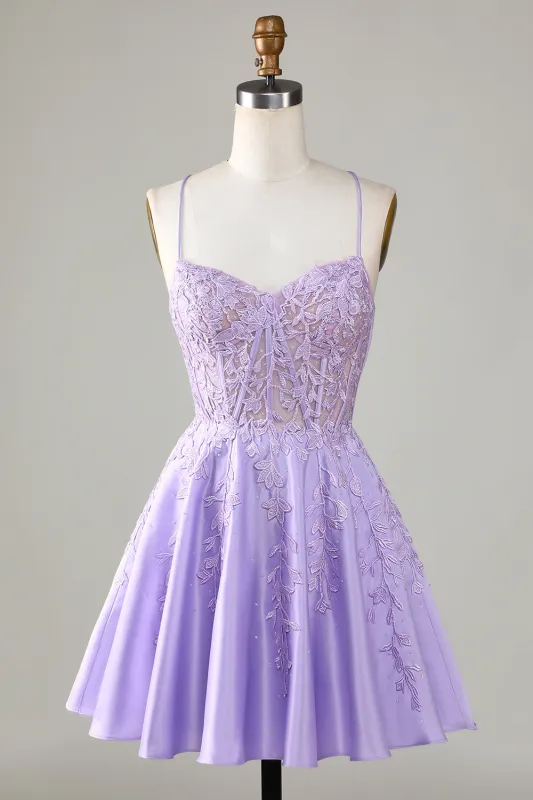 Purple Corset A-Line Satin Short Homecoming Dress with Lace sold by Wedtrend