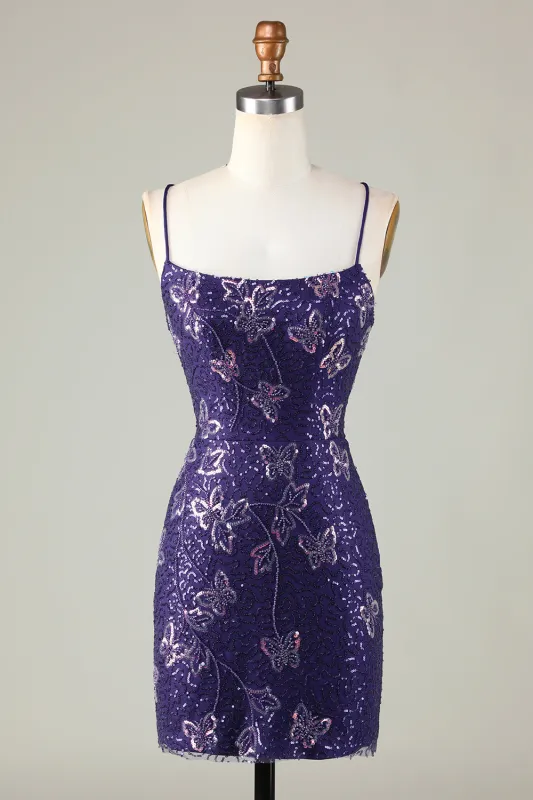 Sparkly Dark Purple Sheath Short Homecoming Dress with Criss Cross Back made by Wedtrend