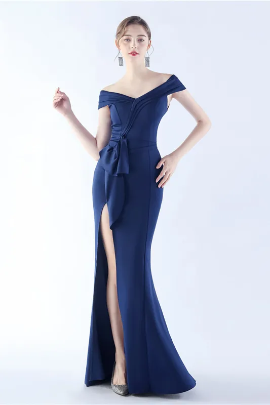 Navy Mermaid Off the Shoulder Crepe Formal Dress with Slit made by Wedtrend