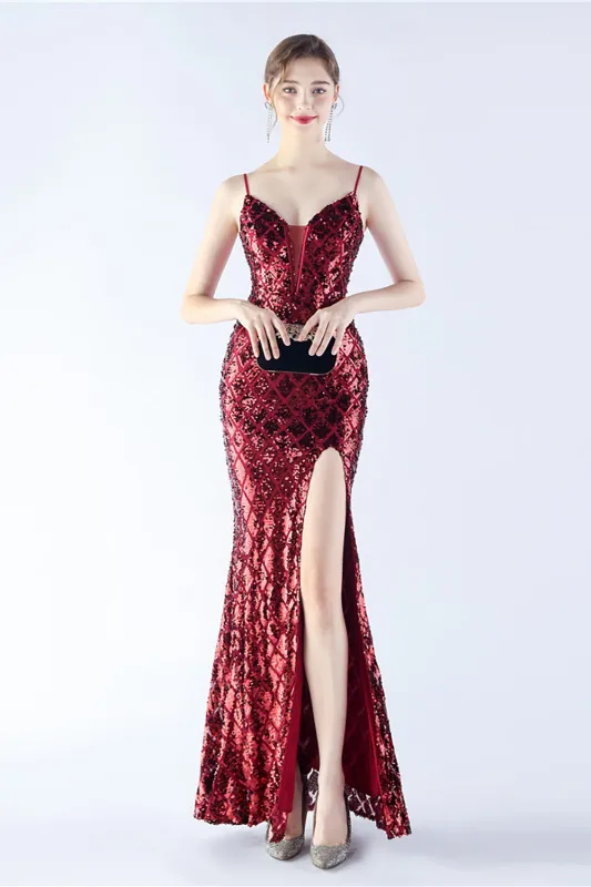 Burgundy Sheath Spaghetti Straps V-neck Sequin Formal Dress with Slit sold by Wedtrend
