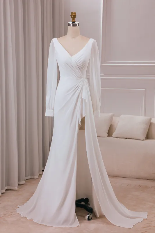 Ivory A-Line V-Neck Long Sleeves Chiffon Wedding Dress With Slit sold by Wedtrend