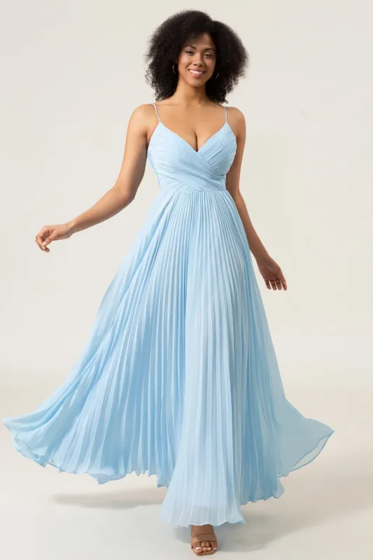 Sky Blue A-Line Spaghetti Straps Pleated Chiffon Bridesmaid Dress sold by Wedtrend