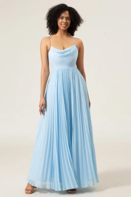 Sky Blue  A-Line Cowl Neck Pleated Open Back Chiffon Bridesmaid Dress sold by Wedtrend
