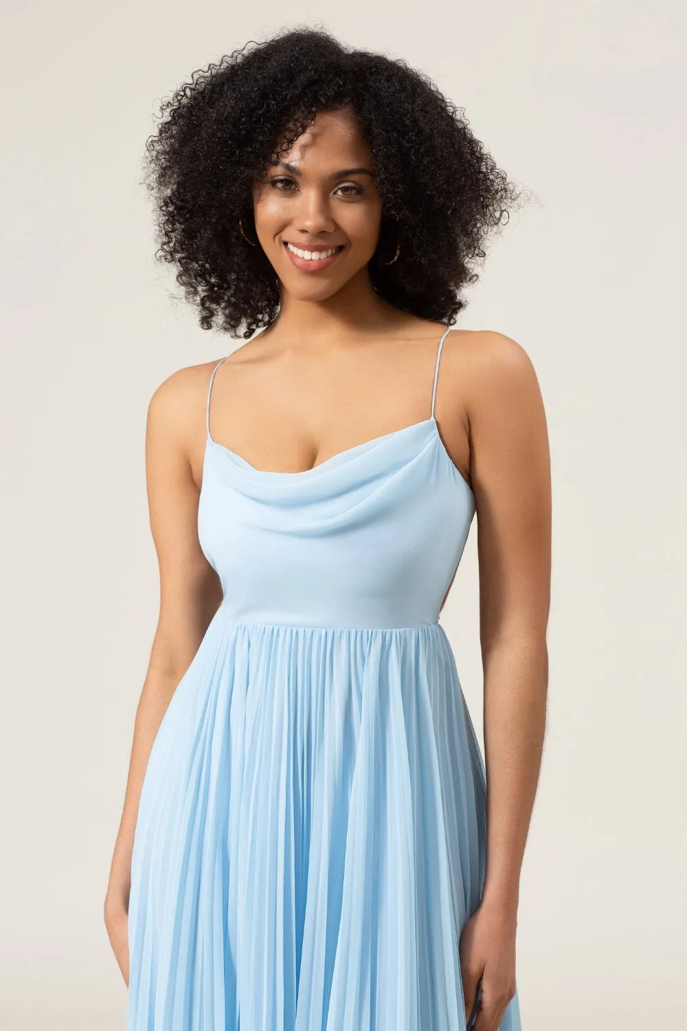Sky Blue A-Line Cowl Neck Pleated Open Back Chiffon Bridesmaid Dress sold by Wedtrend product image thumbnail 4