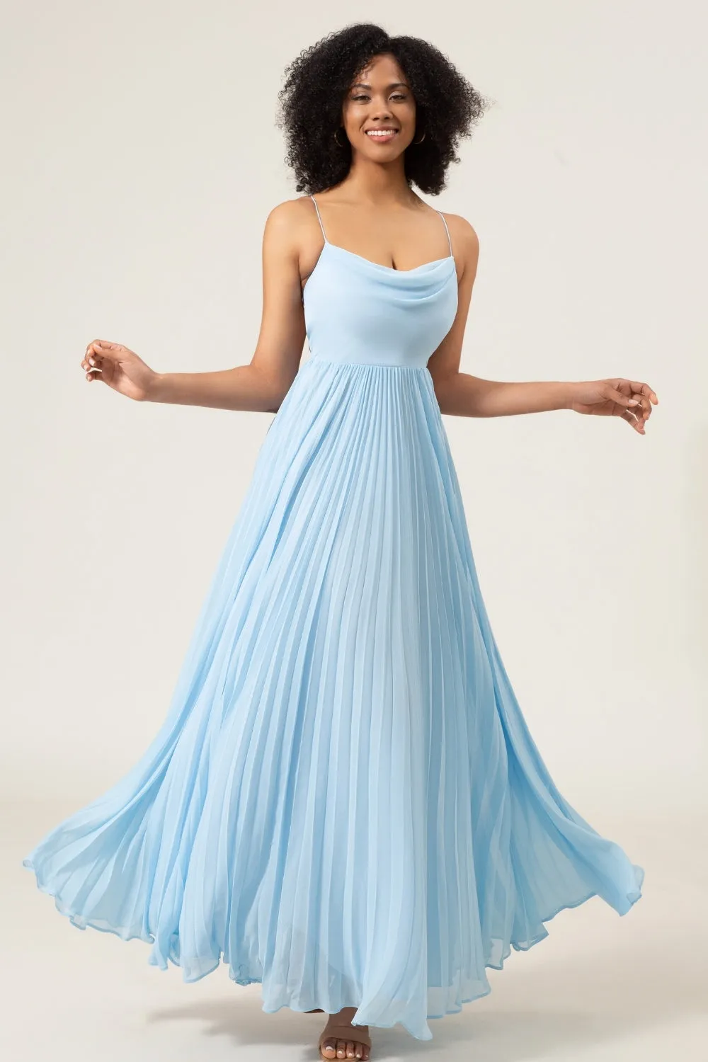 Sky Blue A-Line Cowl Neck Pleated Open Back Chiffon Bridesmaid Dress sold by Wedtrend product image thumbnail 3