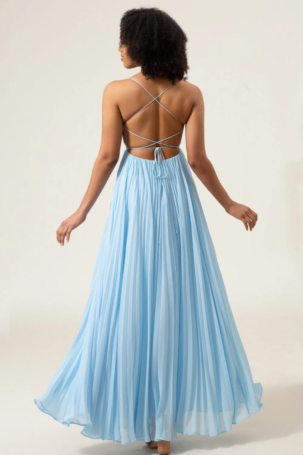 Sky Blue A-Line Cowl Neck Pleated Open Back Chiffon Bridesmaid Dress sold by Wedtrend product image thumbnail 2